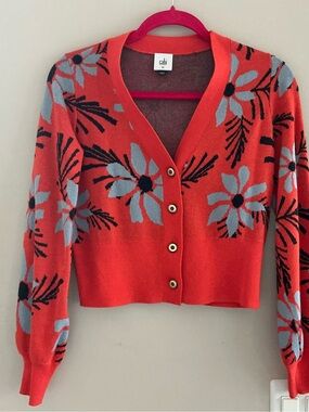 CAbi coral floral V-neck buttoned cardigan with blue accents